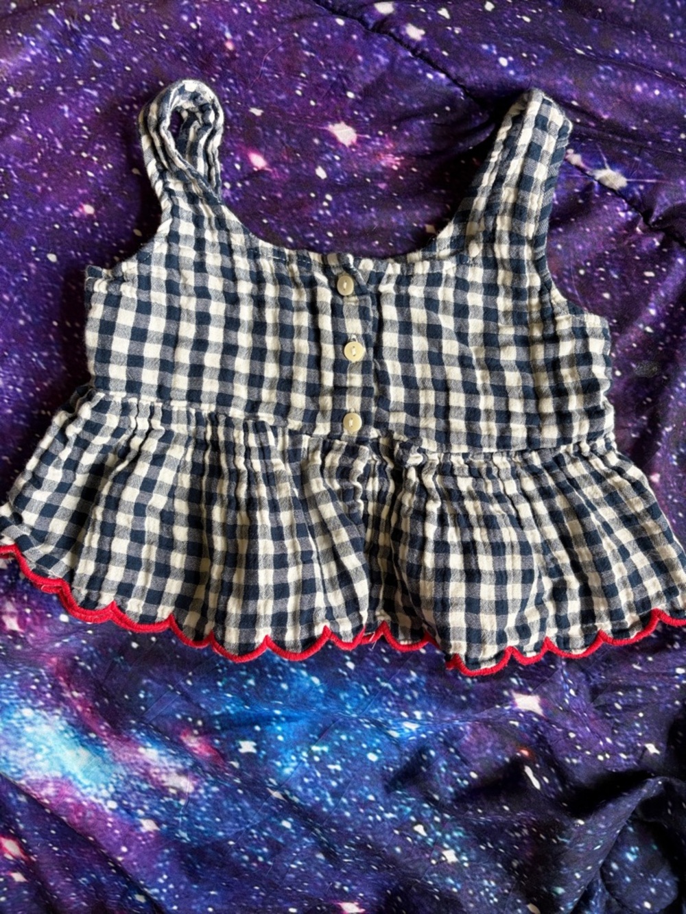 Old Navy Navy & White Gingham Peplum Camisole with Red Scallop Trim